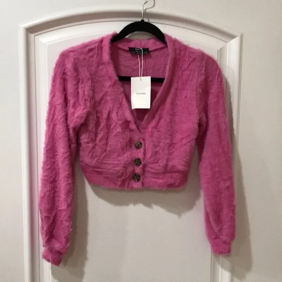 Bershka Sweaters Bershka Fluffy Crop Cardigan Color Pink Size